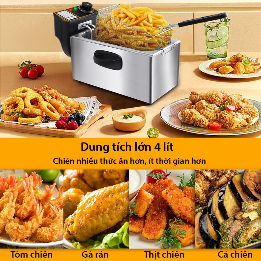 Nồi chiên ngập dầu 4L 2000W hệ thống gia nhiệt kép nóng nhanh, sôi mạnh