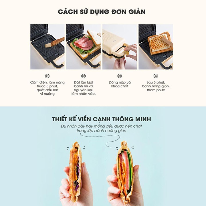 Máy nướng làm bánh BEAR 600W gia nhiệt kép 2 mặt, chống dính telfon siêu bền