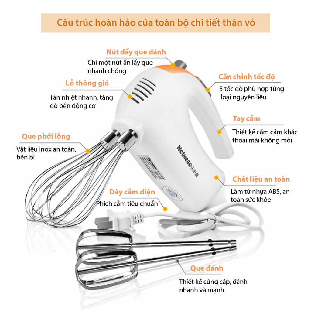 Máy đánh kem trộn NETMEGO 300W công suất cao, 5 tốc độ linh hoạt