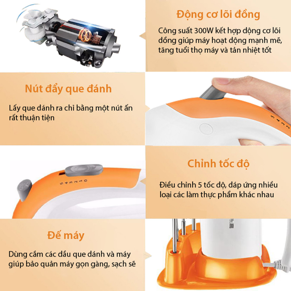 Máy đánh trứng cầm tay NETMEGO 300W kiểu dáng sang trọng, hoạt động êm ái