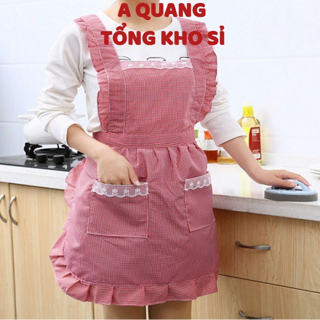 Tạp Dề Kẻ Phối Ren Cách Điệu, Có Túi Đựng Tiền và Điện Thoại, Chống Thấm Nước - Hàng loại 1