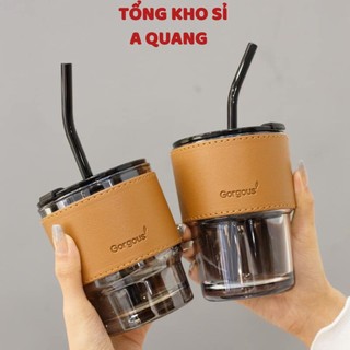 Cốc Thủy Tinh GORGOUS Có Nắp , Cốc Kèm Ống Hút Và Bao Da Đi Kèm - LY UỐNG NƯỚC 450ml Có 2 Màu - COC5