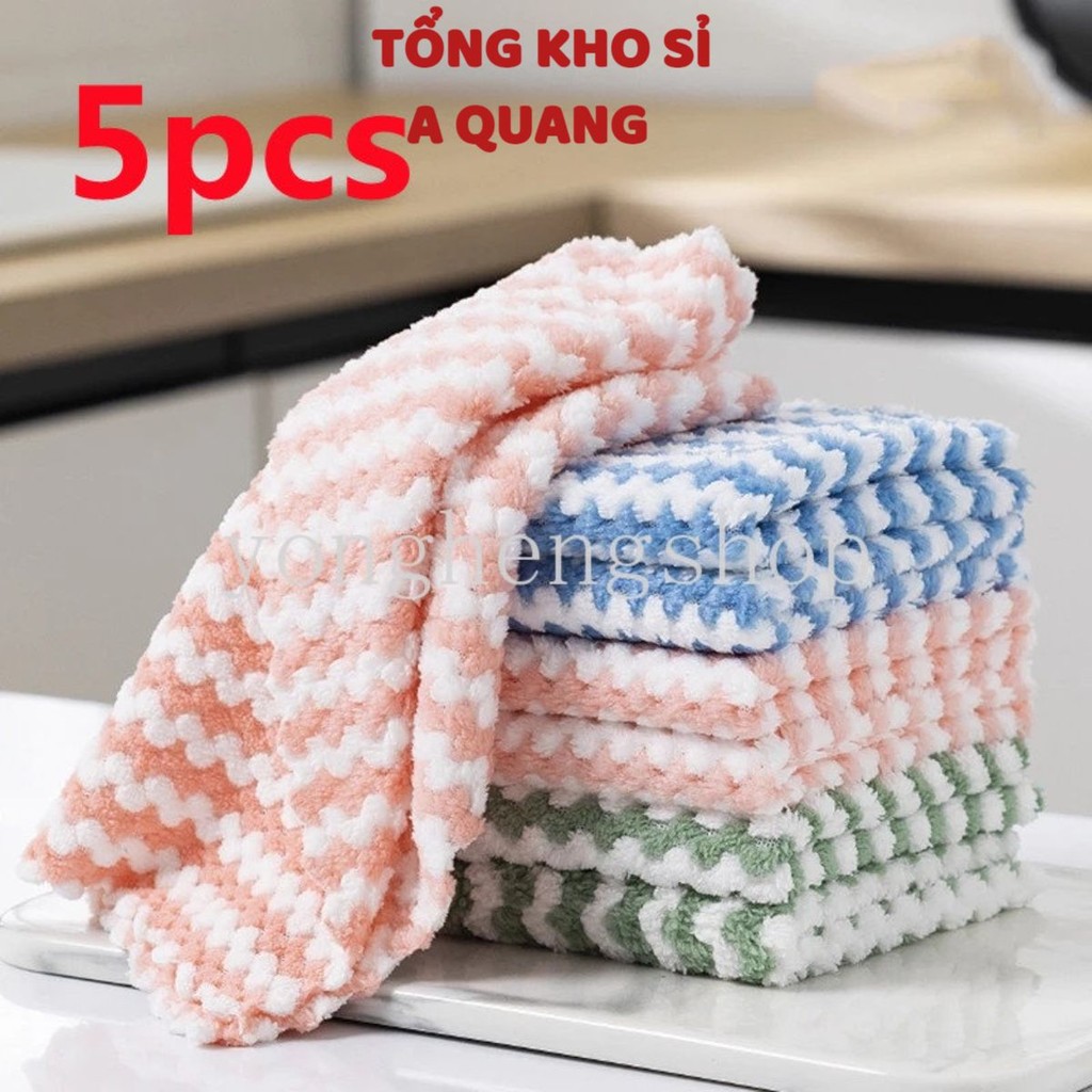 Set 5 Khăn Lau- Khăn Lau Bát Đĩa Bàn Ghế Đồ Đạc Bằng Lông Cừu San Hô Thấm Hút Nước KT 25X25CM, Khăn Lau Bếp Đa Năng