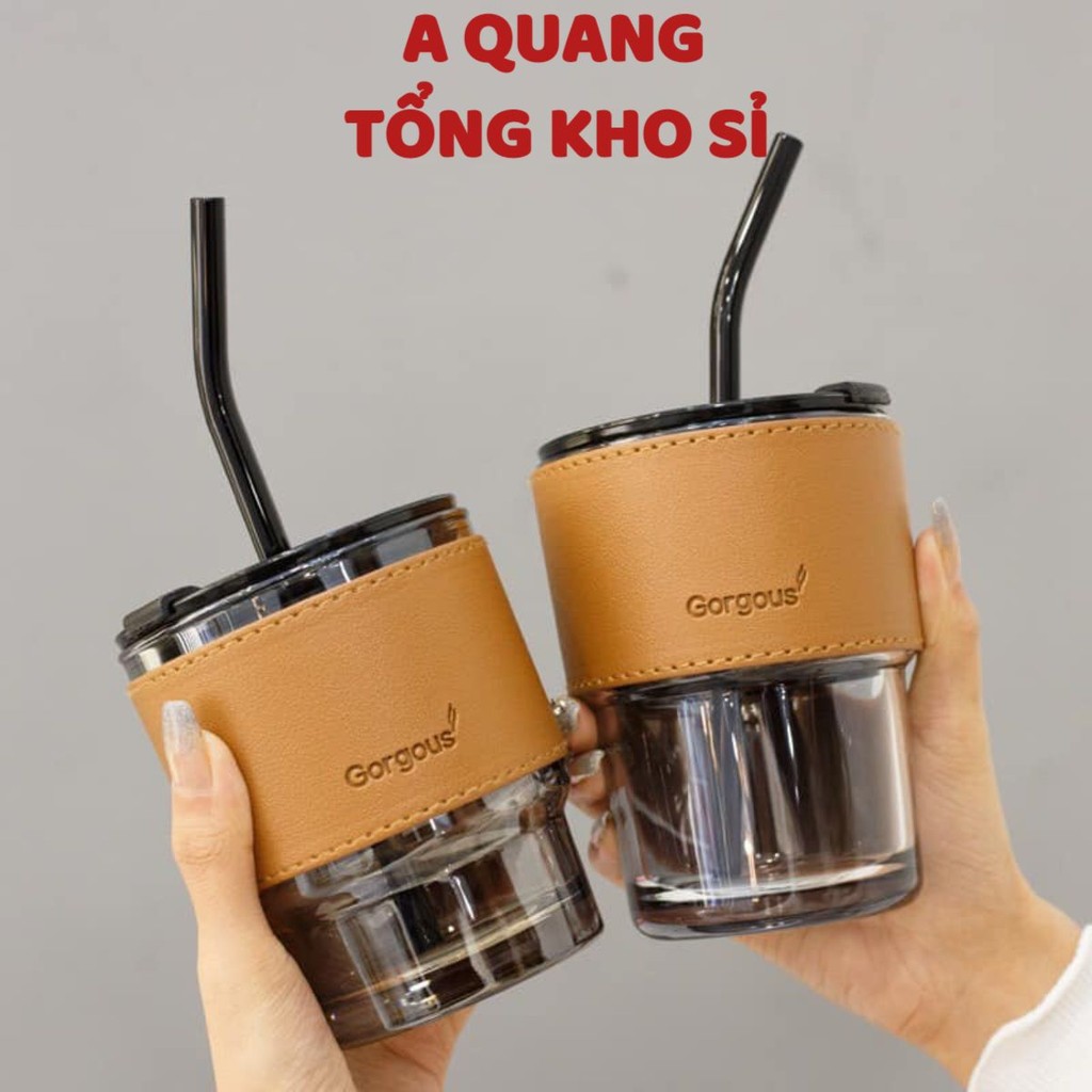 Cốc Thủy Tinh GORGOUS Có Nắp, Ống Hút Và Bao Da Đi Kèm - 450ml Có 2 Màu AK6585