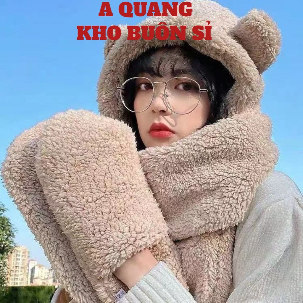 Mũ Lông Cừu 3in1 Tai Gấu 🌻𝐒𝐇𝐎𝐏𝐄𝐌𝐓𝐑𝐀𝐍𝐆𝟕🌻 Mũ lông cừu kèm khăn, găng tay siêu ấm áp, đáng yêu
