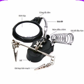 Kính lúp kẹp soi hàn mạch điện tử có đèn LED và gác mỏ hàn
