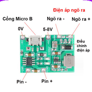 Mạch sạc pin 1S 18650 J5019 dùng IC TC4056 tích hợp mạch tăng áp 2A từ 5V lên 18V