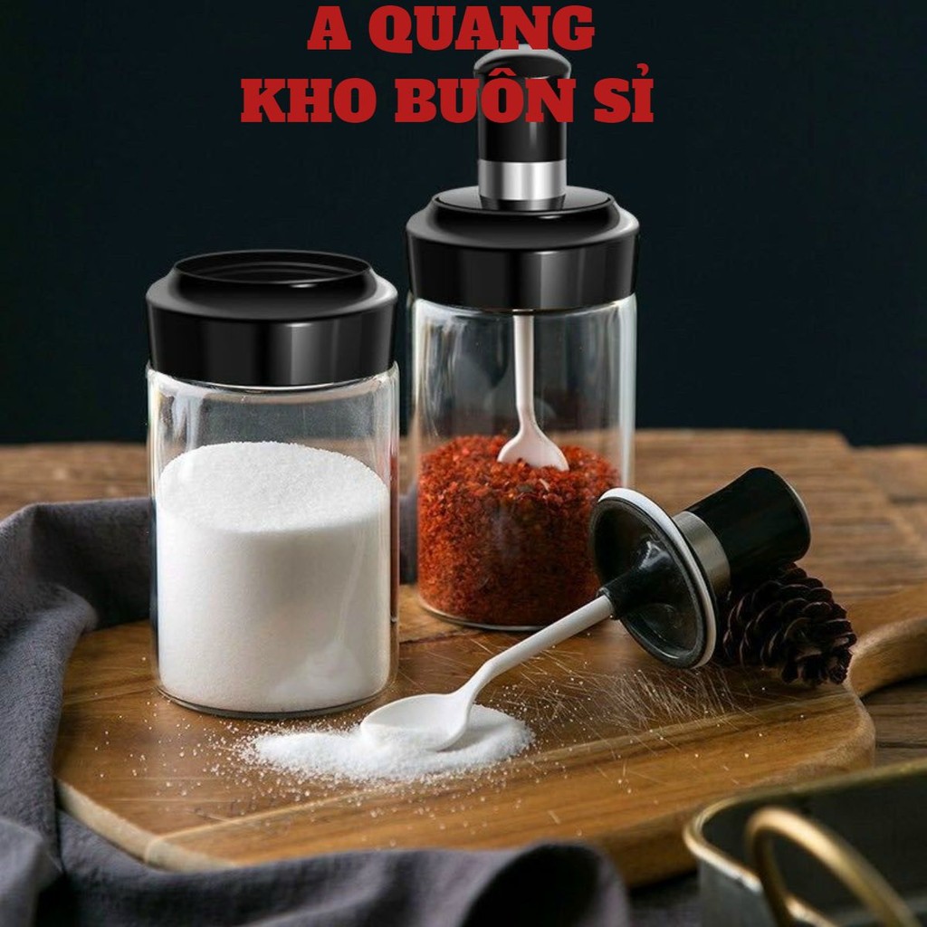 (SIÊU RẺ) Lọ đựng gia vị, hũ đựng gia vị kèm thìa múc chất thủy tinh lắp nhựa chống han gỉ #lodunggiavi
