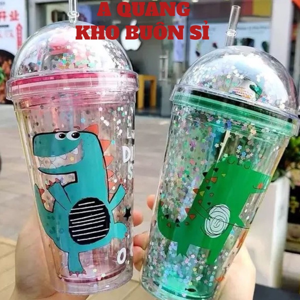 Bình Giữ Nhiệt, Ly Đựng Nước Nhũ Kim🍀SHOPEMTRANG07🍀Bình Đựng Nước Nhũ Kim Tuyến Hình Khủng Long 360Ml Kèm Ống Hút