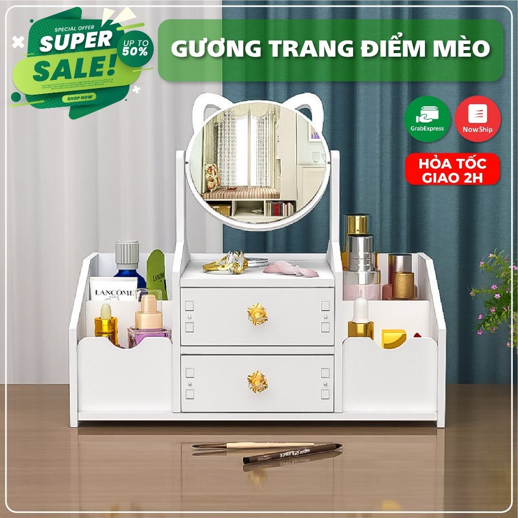 Kệ mỹ phẩm bàn trang điểm mini có 2 ngăn kéo kèm gương tai mèo 4 ngăn ...