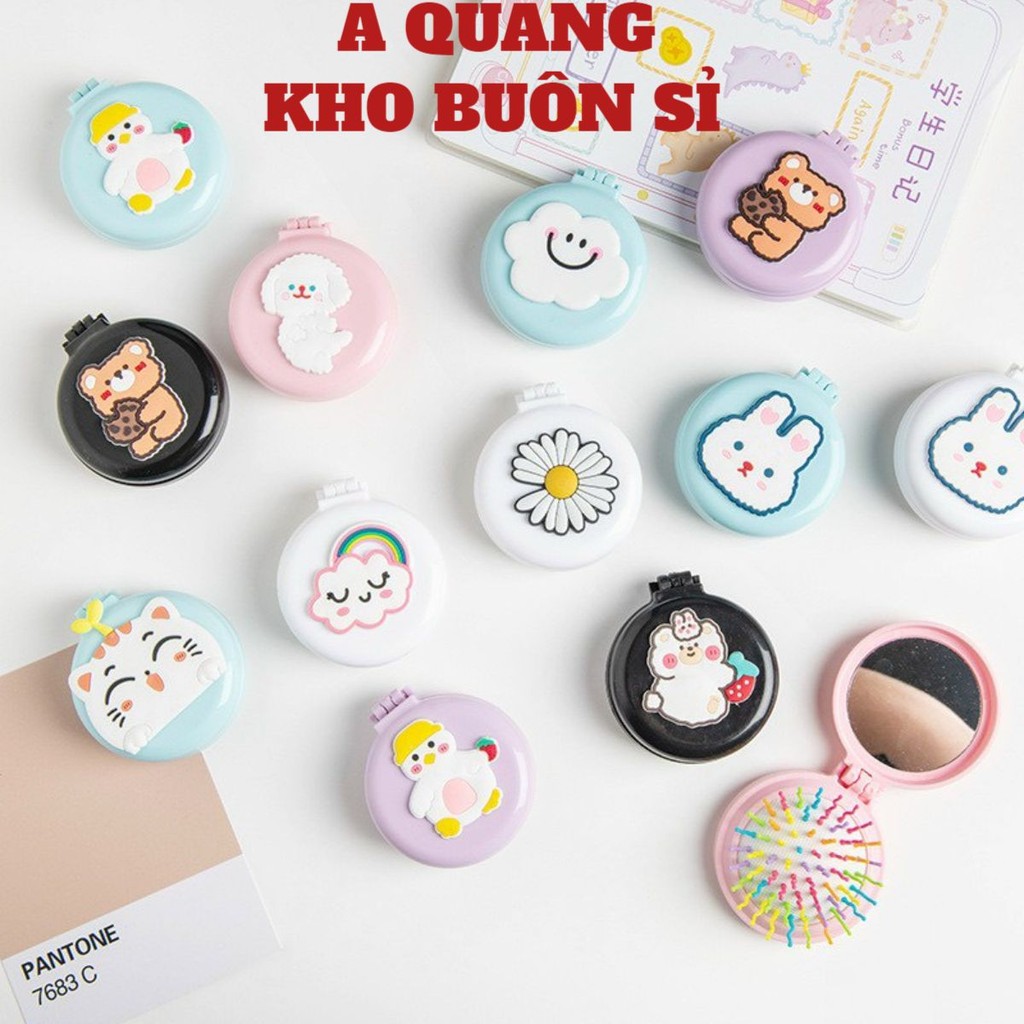 Lược gương chải tóc 2in1 cầm tay mini bỏ túi, Lược gấp kèm gương mini phong cách Hàn Quốc dễ thương cho nàng thơ xinh