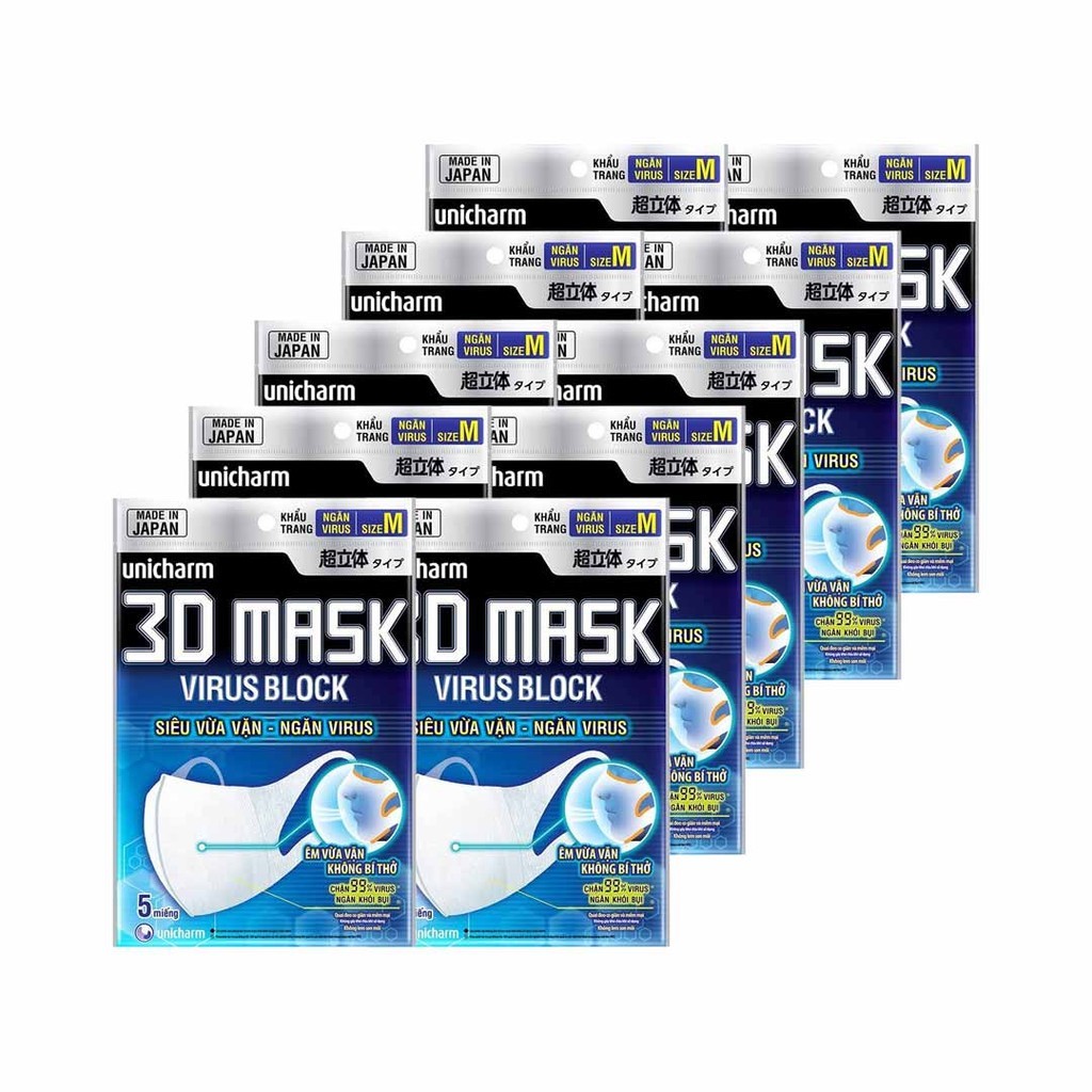 Combo 10 Gói Khẩu Trang Unicharm 3D Mask Size M