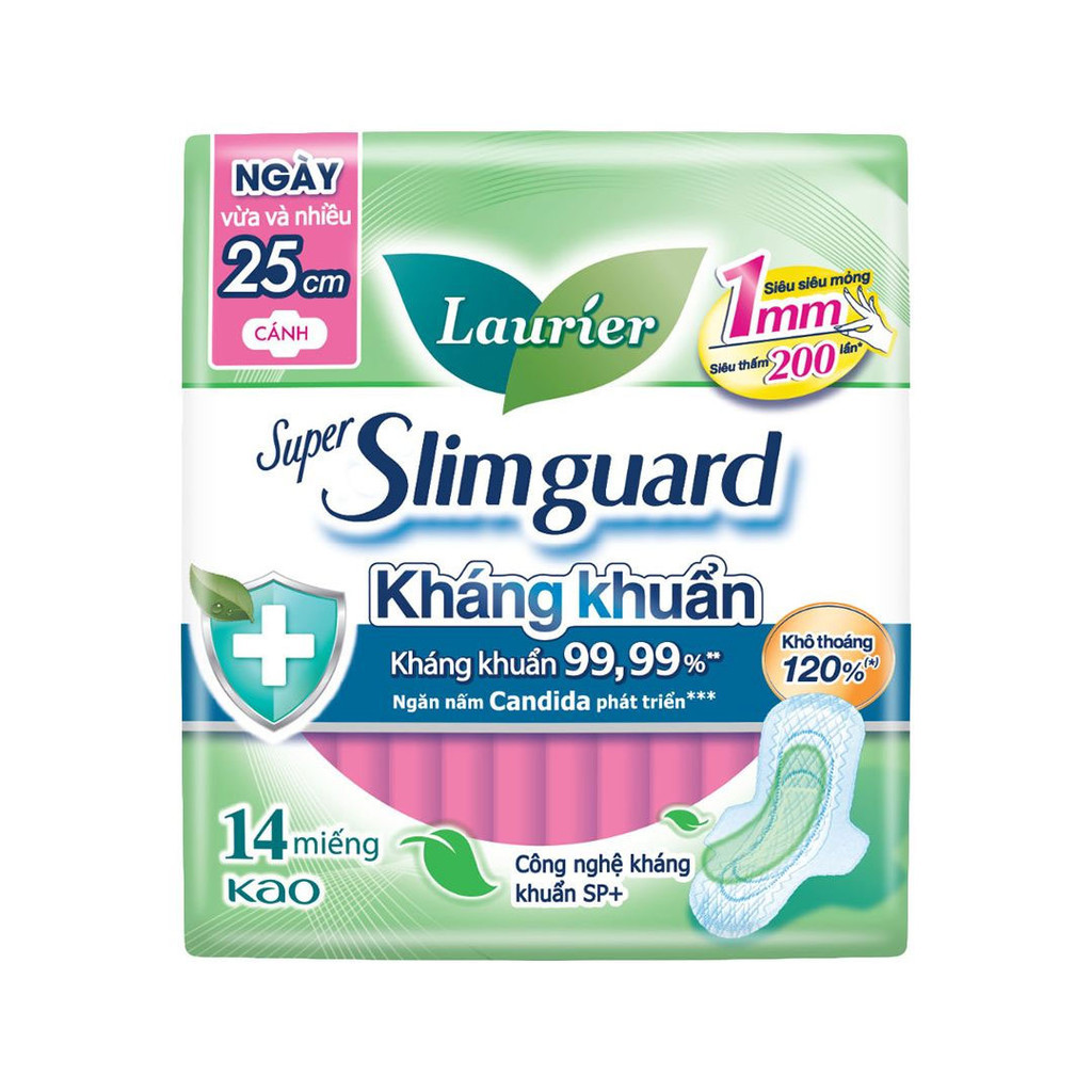 Băng Vệ Sinh Giúp Kháng Khuẩn Laurier Super Slimguard Siêu Mỏng Có Cánh 25Cm 14 Miếng