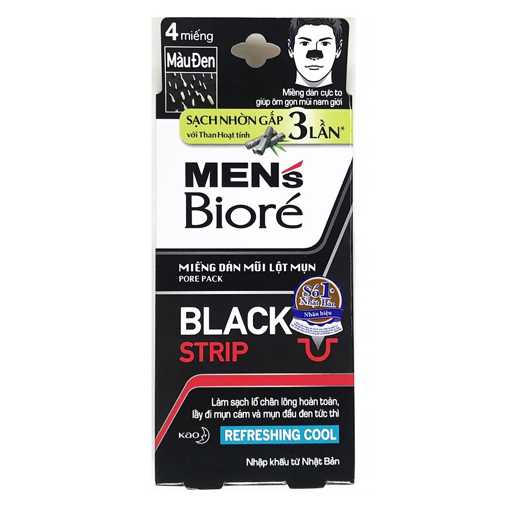 Miếng Dán Mũi Lột Mụn Men's Bioré (Màu Đen) Pore Pack Black Strip Refreshing Cool 4 Miếng