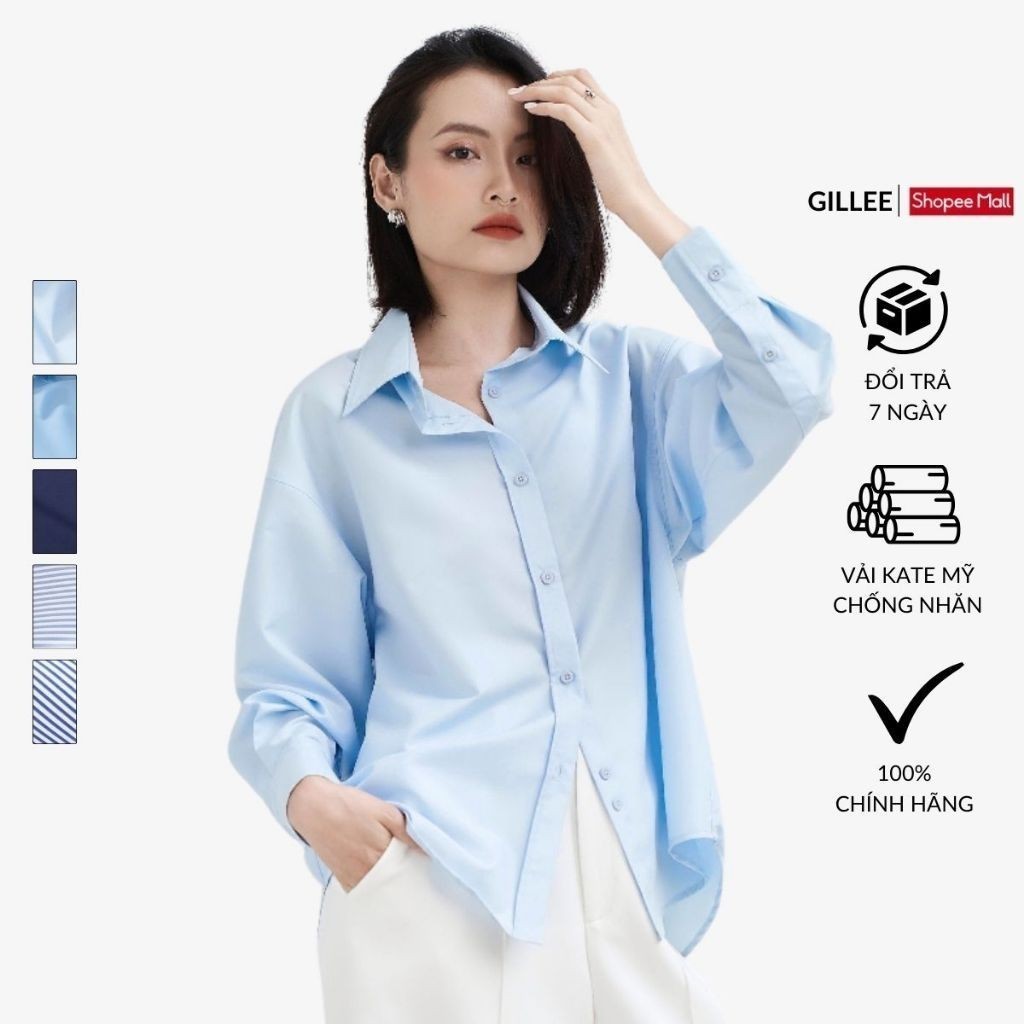 Ảnh Áo sơ mi nữ GILLEE dáng oversized, sơ mi form rộng vải kate Mỹ thanh lịch tone xanh dễ phối đồ 1