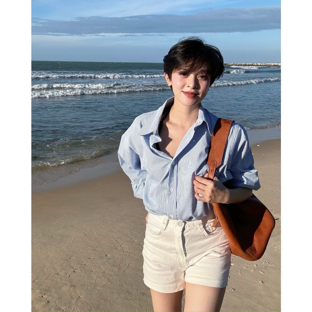 Ảnh Áo sơ mi nữ GILLEE dáng oversized, sơ mi form rộng vải kate Mỹ thanh lịch tone xanh dễ phối đồ 4