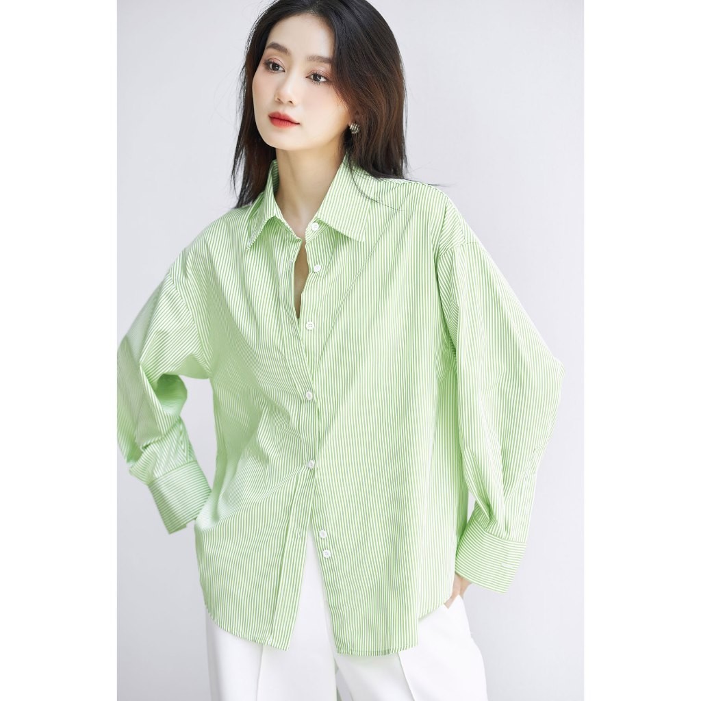 Ảnh Áo sơ mi nữ GILLEE sơ mi dáng oversized, sơ mi form rộng vải kate Mỹ thanh lịch tone xanh lá năng động 2
