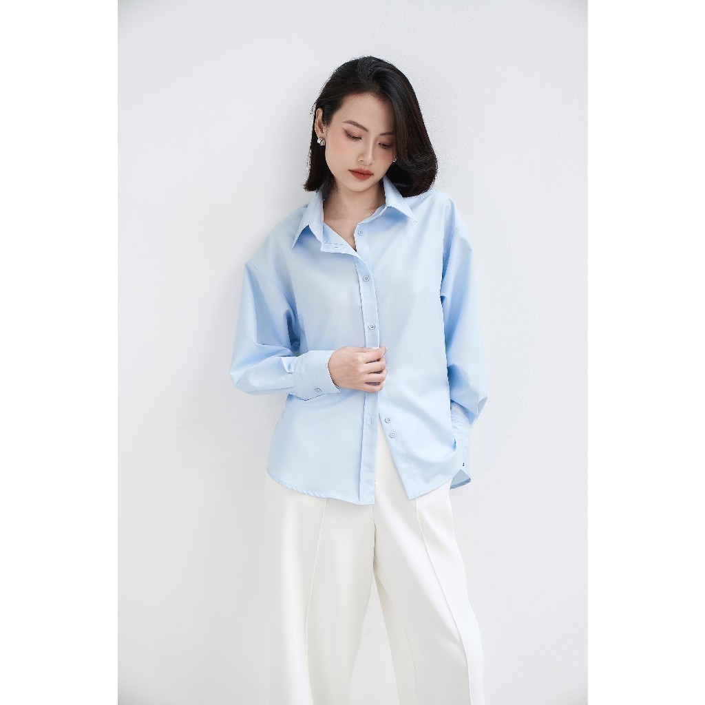 Ảnh Áo sơ mi nữ GILLEE dáng oversized, sơ mi form rộng vải kate Mỹ thanh lịch tone xanh dễ phối đồ 2