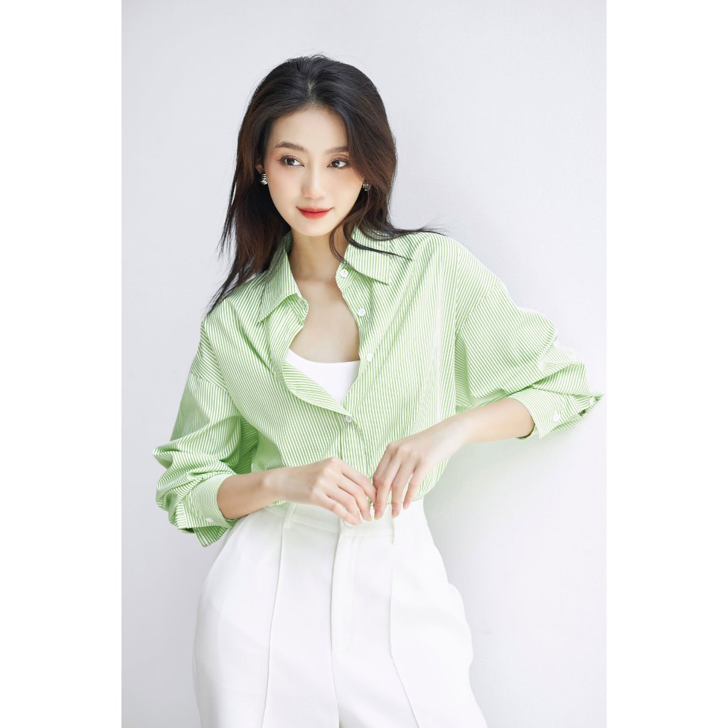 Ảnh Áo sơ mi nữ GILLEE sơ mi dáng oversized, sơ mi form rộng vải kate Mỹ thanh lịch tone xanh lá năng động 3