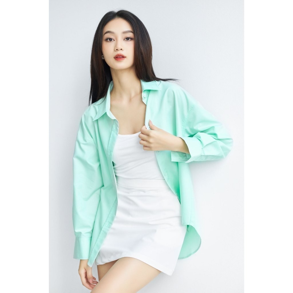 Ảnh Áo sơ mi nữ GILLEE sơ mi dáng oversized, sơ mi form rộng vải kate Mỹ thanh lịch tone xanh lá năng động 4
