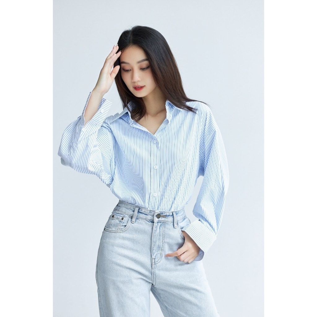 Ảnh Áo sơ mi kẻ sọc nữ GILLEE sơ mi Hàn Quốc dáng oversized, sơ mi form rộng vải kate Mỹ chống nhăn, thấm hút FAS325 4