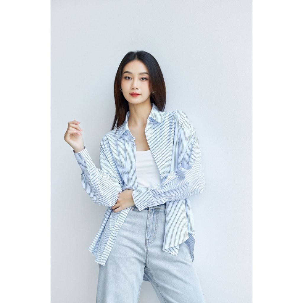Ảnh Áo sơ mi kẻ sọc nữ GILLEE sơ mi Hàn Quốc dáng oversized, sơ mi form rộng vải kate Mỹ chống nhăn, thấm hút FAS325 3