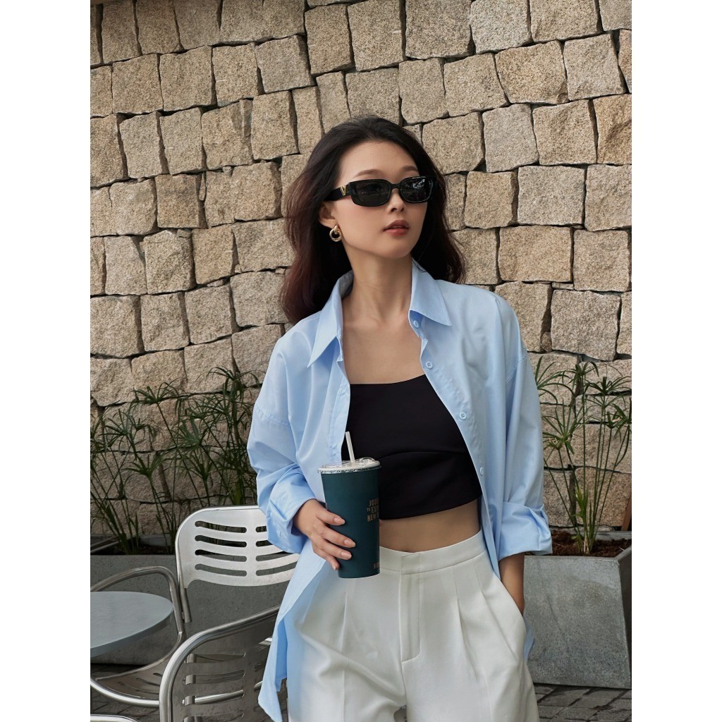 Ảnh Áo sơ mi nữ GILLEE sơ mi trơn dáng oversized, sơ mi form rộng vải kate Mỹ xanh pastel chống nhăn FAS293 2