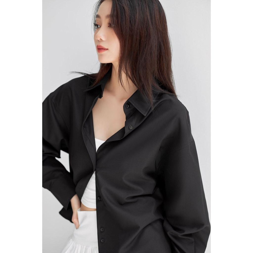 Ảnh Áo sơ mi đen nữ GILLEE dáng oversized, sơ mi form rộng vải kate Mỹ thanh lịch FAS291 2