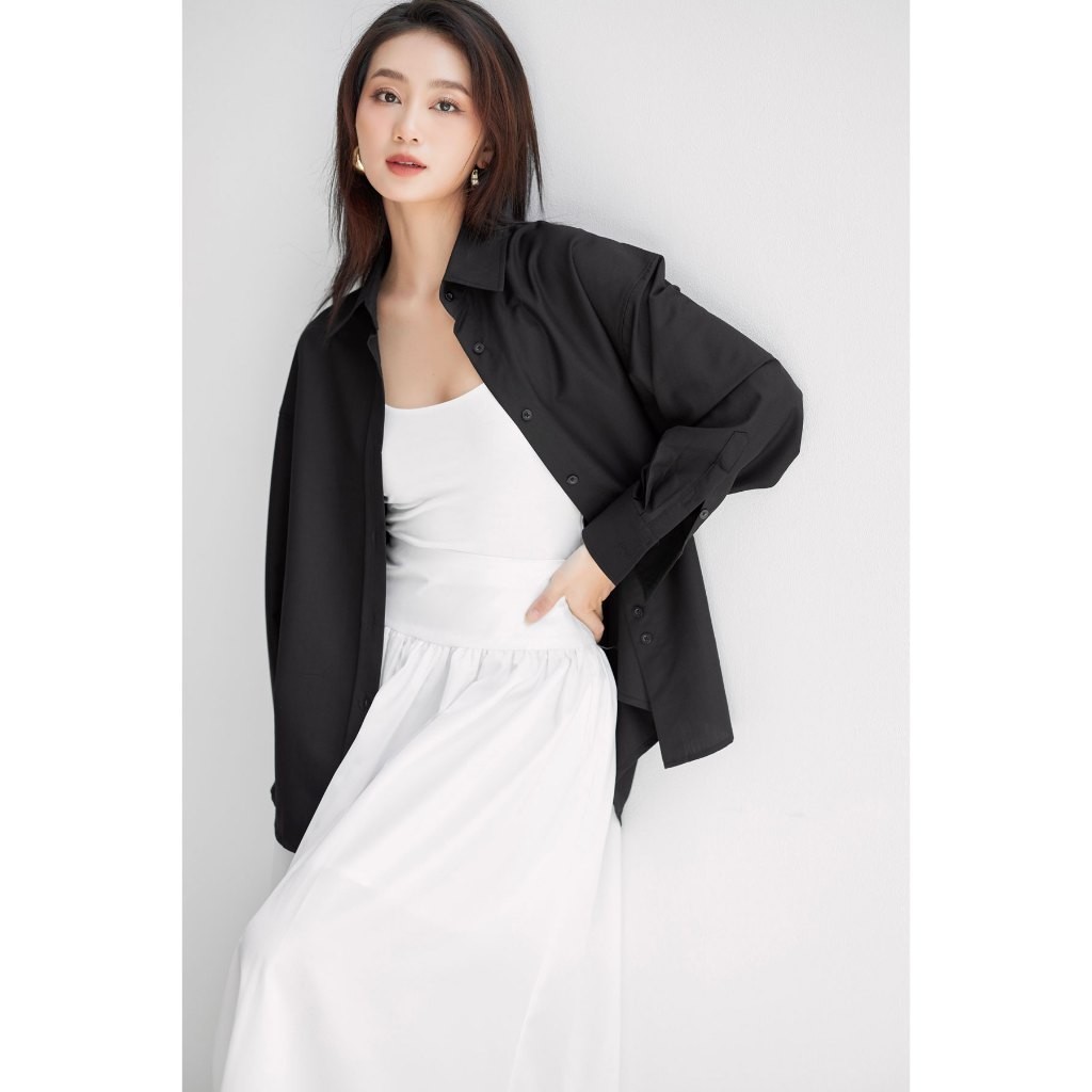 Ảnh Áo sơ mi đen nữ GILLEE dáng oversized, sơ mi form rộng vải kate Mỹ thanh lịch FAS291 4