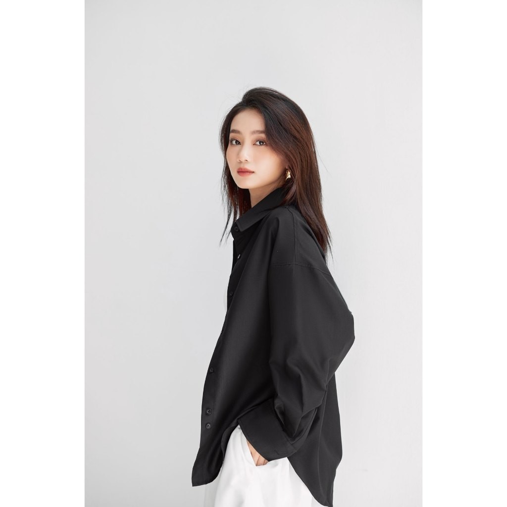 Ảnh Áo sơ mi đen nữ GILLEE dáng oversized, sơ mi form rộng vải kate Mỹ thanh lịch FAS291 3