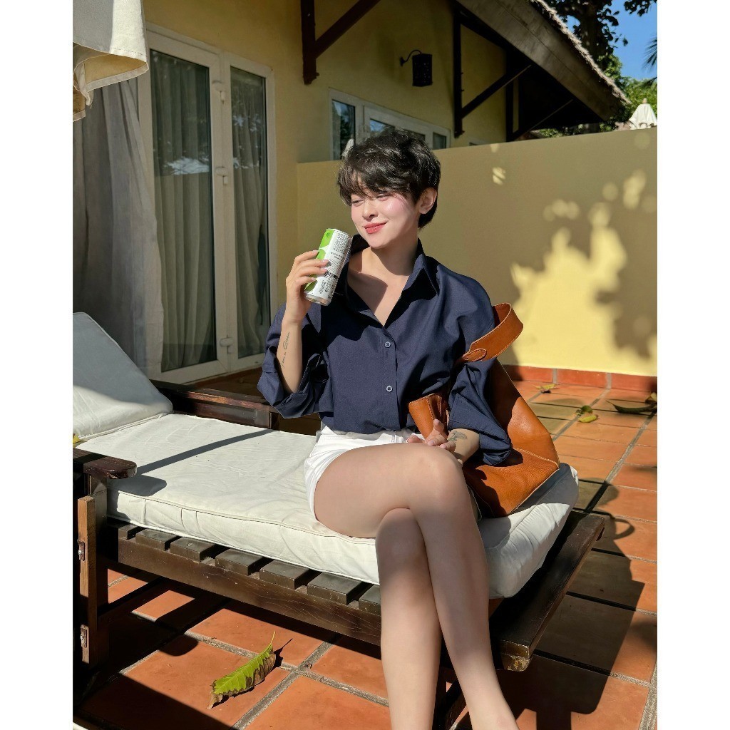Ảnh Áo sơ mi nữ GILLEE sơ mi xanh đen dáng oversized, sơ mi form rộng cao cấp thoáng khí thấm hút tốt FAS291. 4