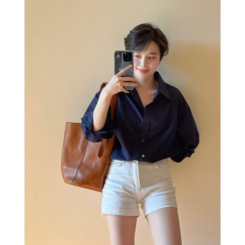 Ảnh Áo sơ mi nữ GILLEE sơ mi xanh đen dáng oversized, sơ mi form rộng cao cấp thoáng khí thấm hút tốt FAS291. 2