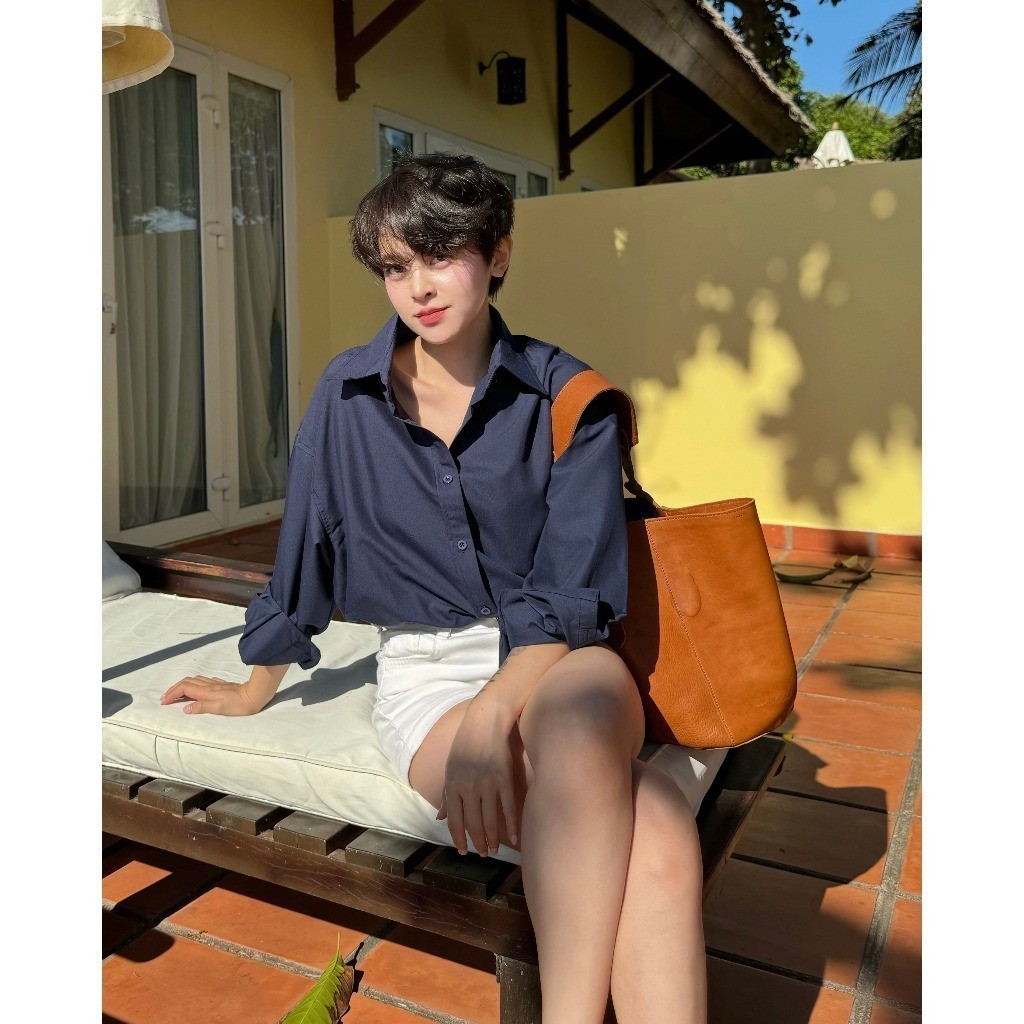 Ảnh Áo sơ mi nữ GILLEE sơ mi xanh đen dáng oversized, sơ mi form rộng cao cấp thoáng khí thấm hút tốt FAS291. 3