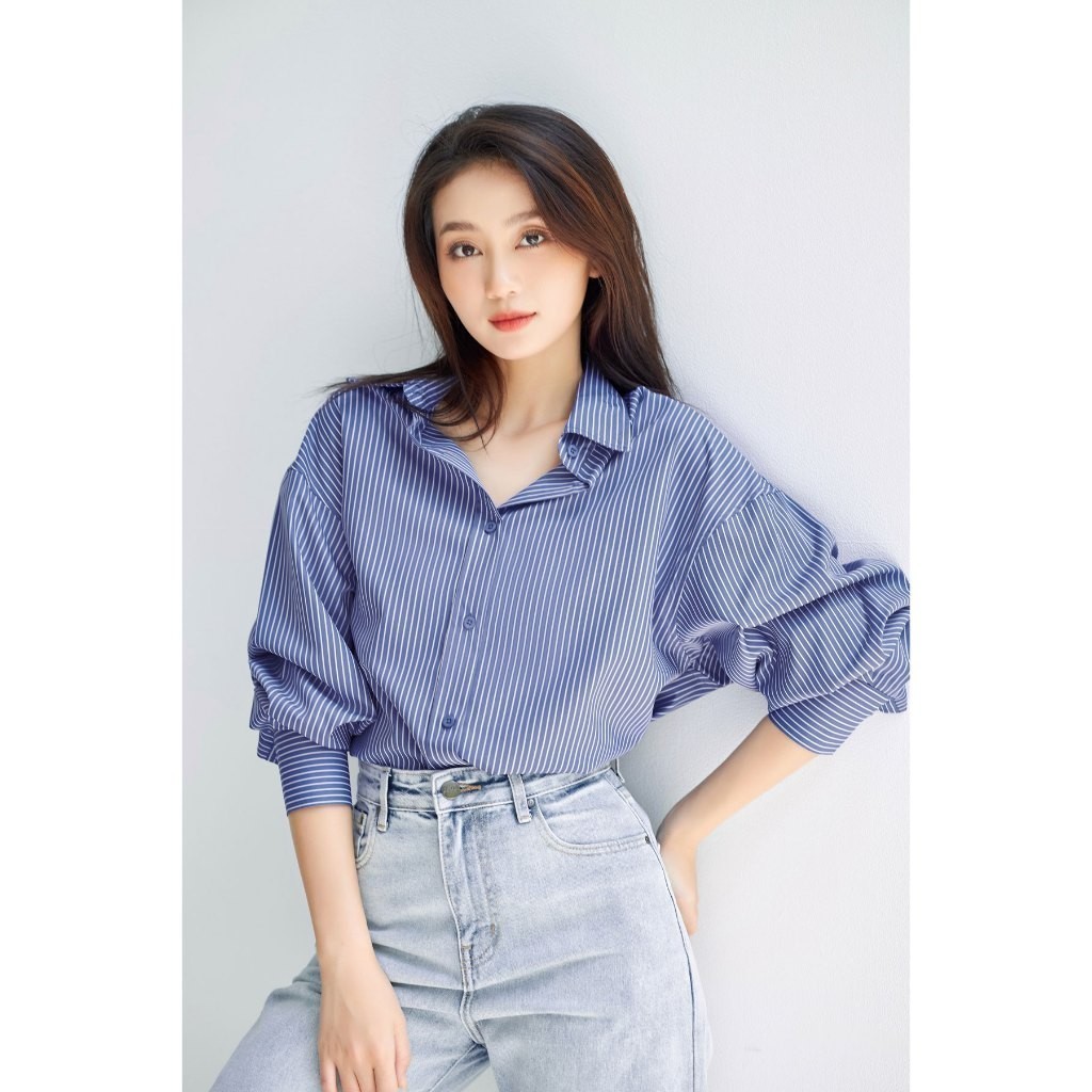 Ảnh Áo sơ mi kẻ sọc nữ GILLEE dáng oversized, sơ mi form rộng vải kate Mỹ cao cấp chống nhăn, thấm hút tốt FAS294 3