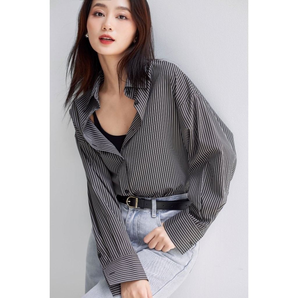 Ảnh Áo sơ mi kẻ sọc nữ GILLEE dáng oversized, sơ mi form rộng vải kate Mỹ cao cấp chống nhăn, thấm hút tốt FAS294 2