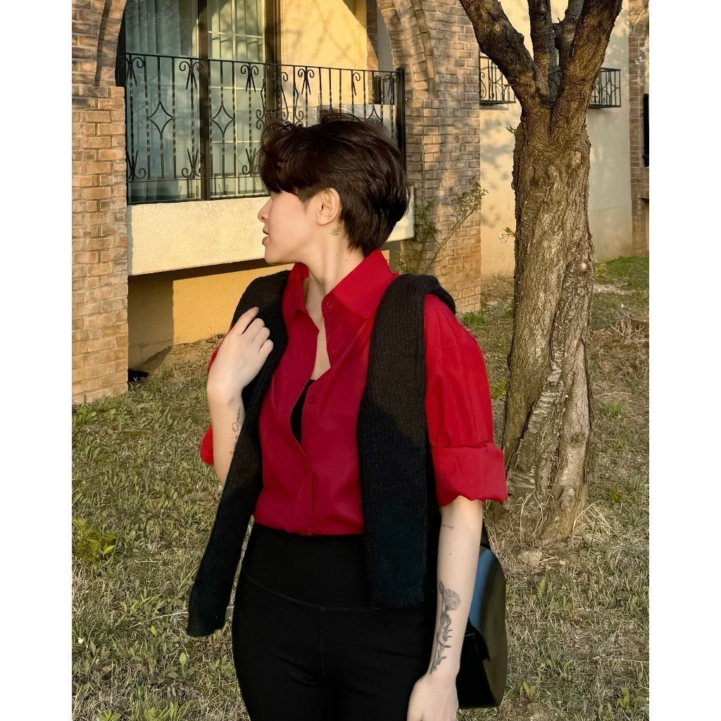 Ảnh Áo sơ mi nữ GILLEE dáng oversized, sơ mi form rộng vải kate Mỹ Đỏ Đô FAS291 2