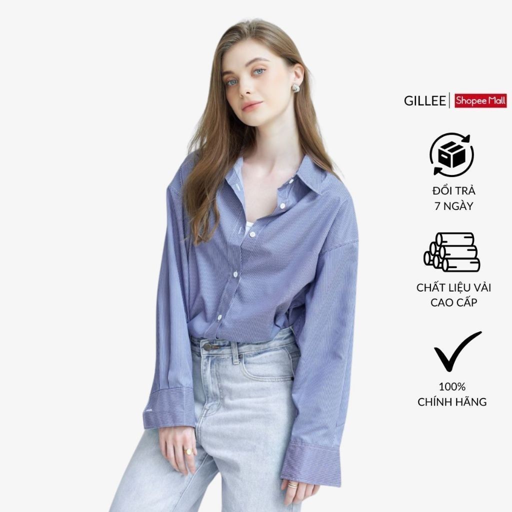 Ảnh Áo sơ mi kẻ sọc nữ GILLEE dáng oversized, sơ mi form rộng vải kate Mỹ chống nhăn, thấm hút tốt FAS307 1
