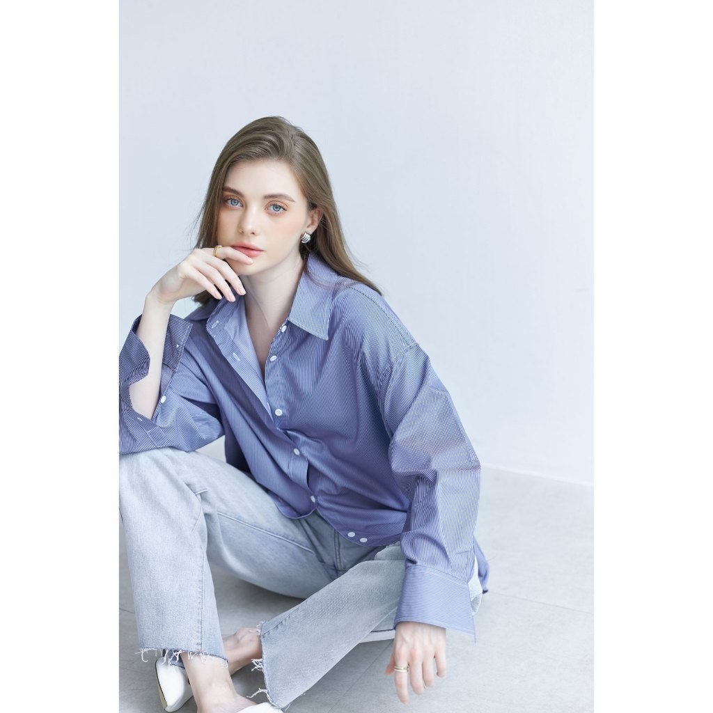 Ảnh Áo sơ mi kẻ sọc nữ GILLEE dáng oversized, sơ mi form rộng vải kate Mỹ chống nhăn, thấm hút tốt FAS307 2