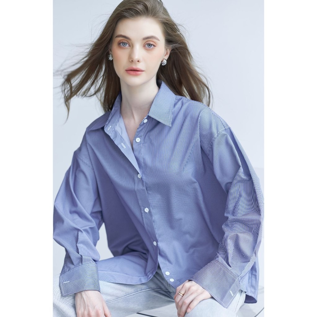 Ảnh Áo sơ mi kẻ sọc nữ GILLEE dáng oversized, sơ mi form rộng vải kate Mỹ chống nhăn, thấm hút tốt FAS307 4