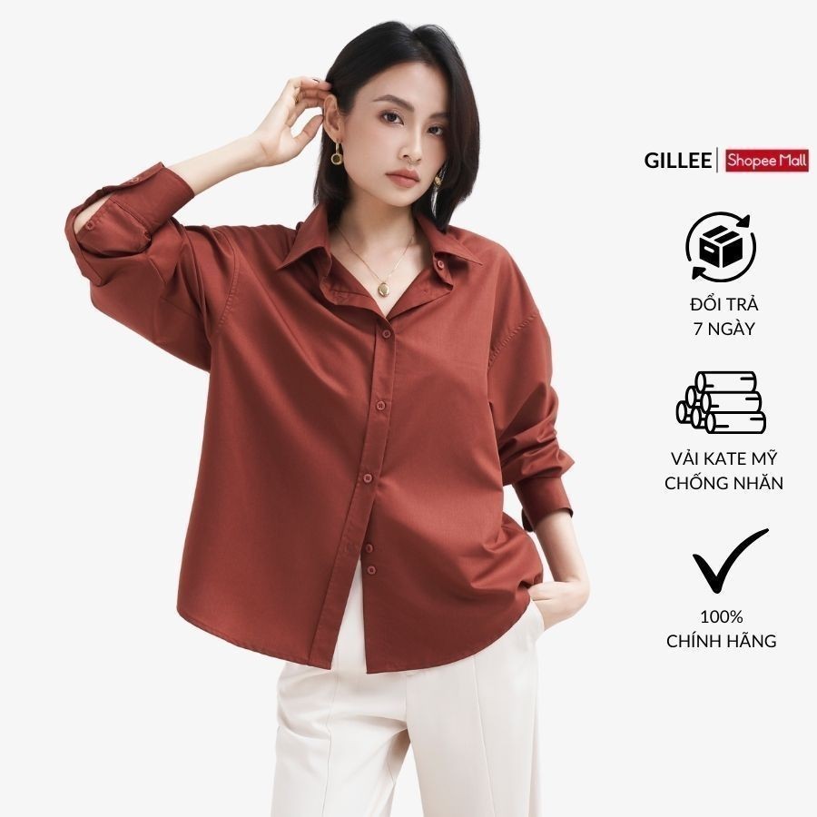 Ảnh Áo sơ mi nữ GILLEE dáng oversized, sơ mi trơn tay dài vải kate Mỹ màu đỏ gạch sang trọng quý phái FAS291 1