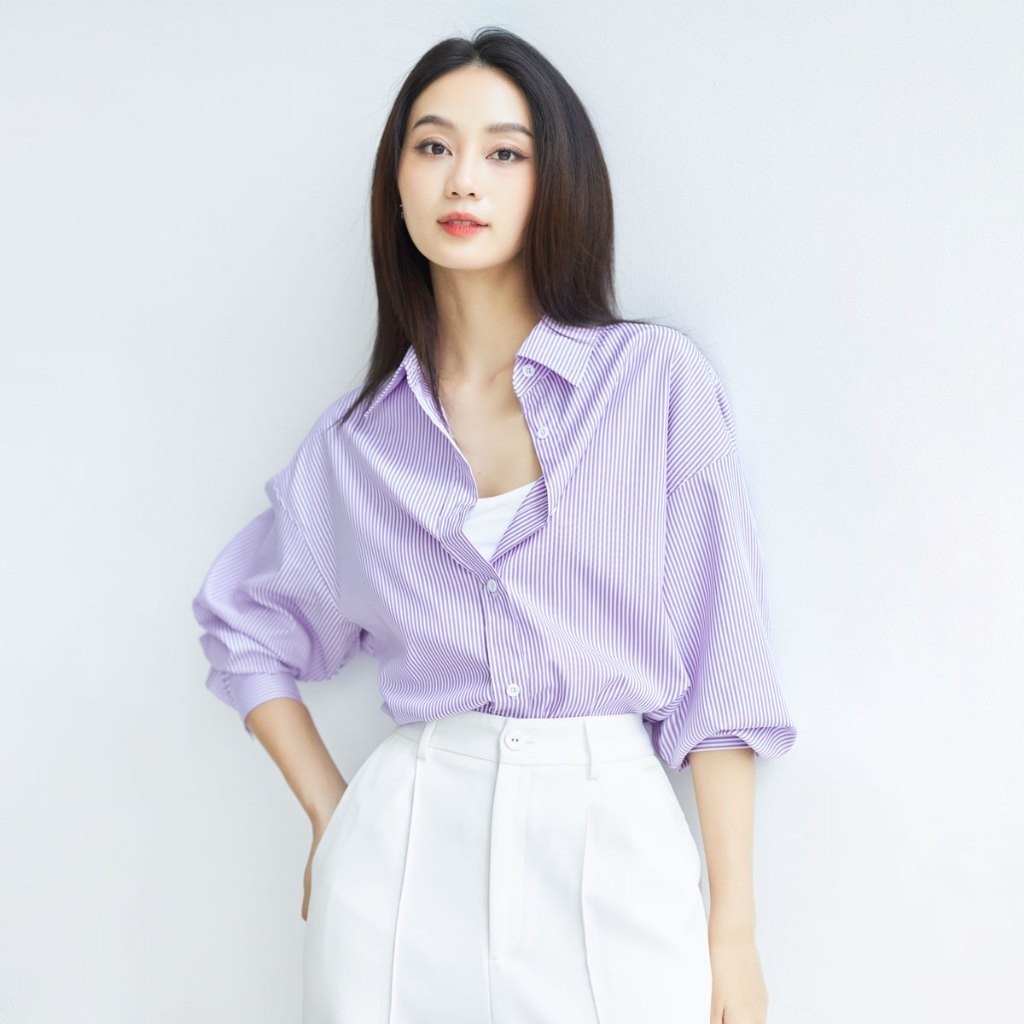 Ảnh Áo sơ mi nữ GILLEE sơ mi dáng oversized, sơ mi form rộng vải kate Mỹ tone tím sang trọng, quý phái 2
