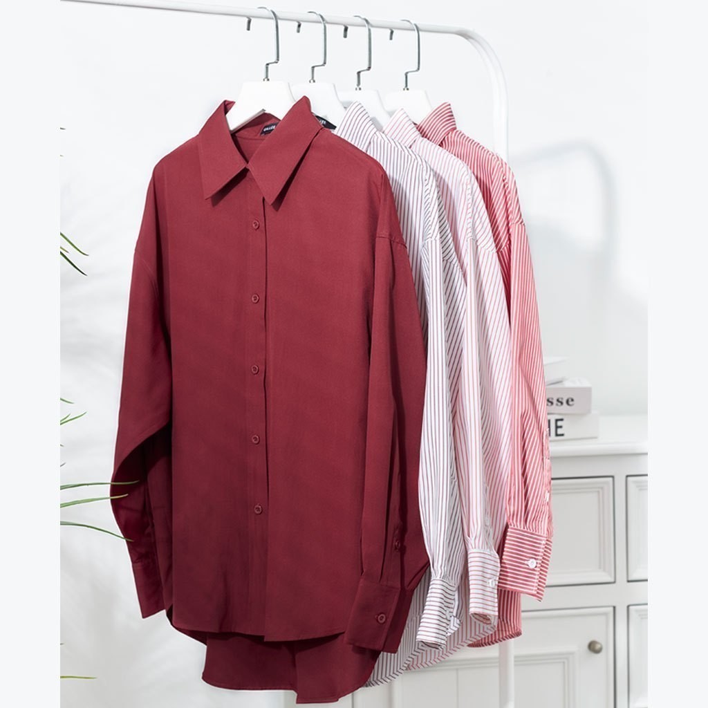 Review Áo Sơ Mi Nữ GILLEE Dáng Rộng Tone Đỏ Kate Mỹ - Thanh Lịch & May Mắn