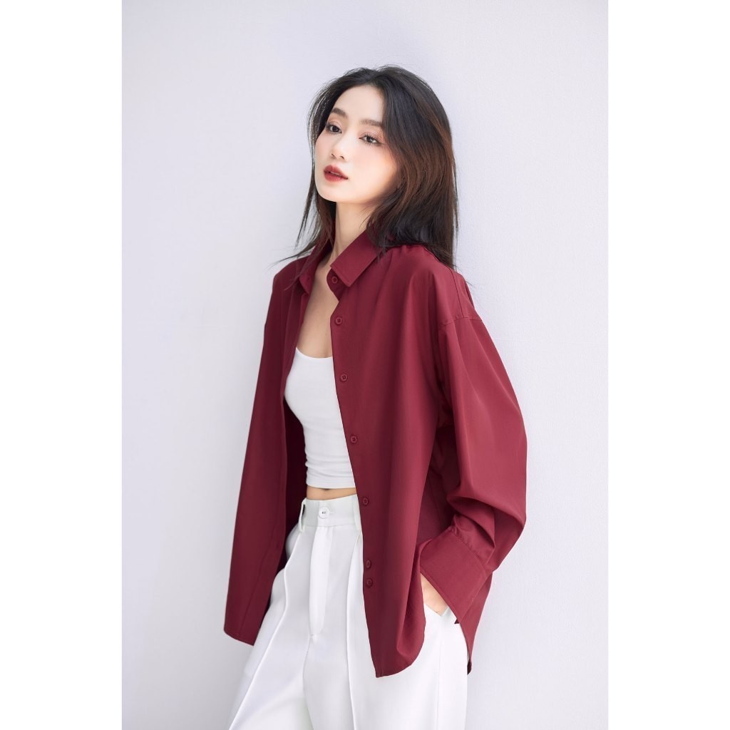 Ảnh Áo sơ mi nữ GILLEE sơ mi dáng rộng oversized, sơ mi form rộng vải kate Mỹ thanh lịch tone đỏ thanh lịch, may mắn 3