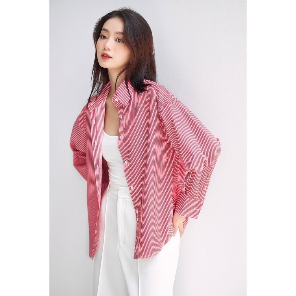 Ảnh Áo sơ mi nữ GILLEE sơ mi dáng rộng oversized, sơ mi form rộng vải kate Mỹ thanh lịch tone đỏ thanh lịch, may mắn 2