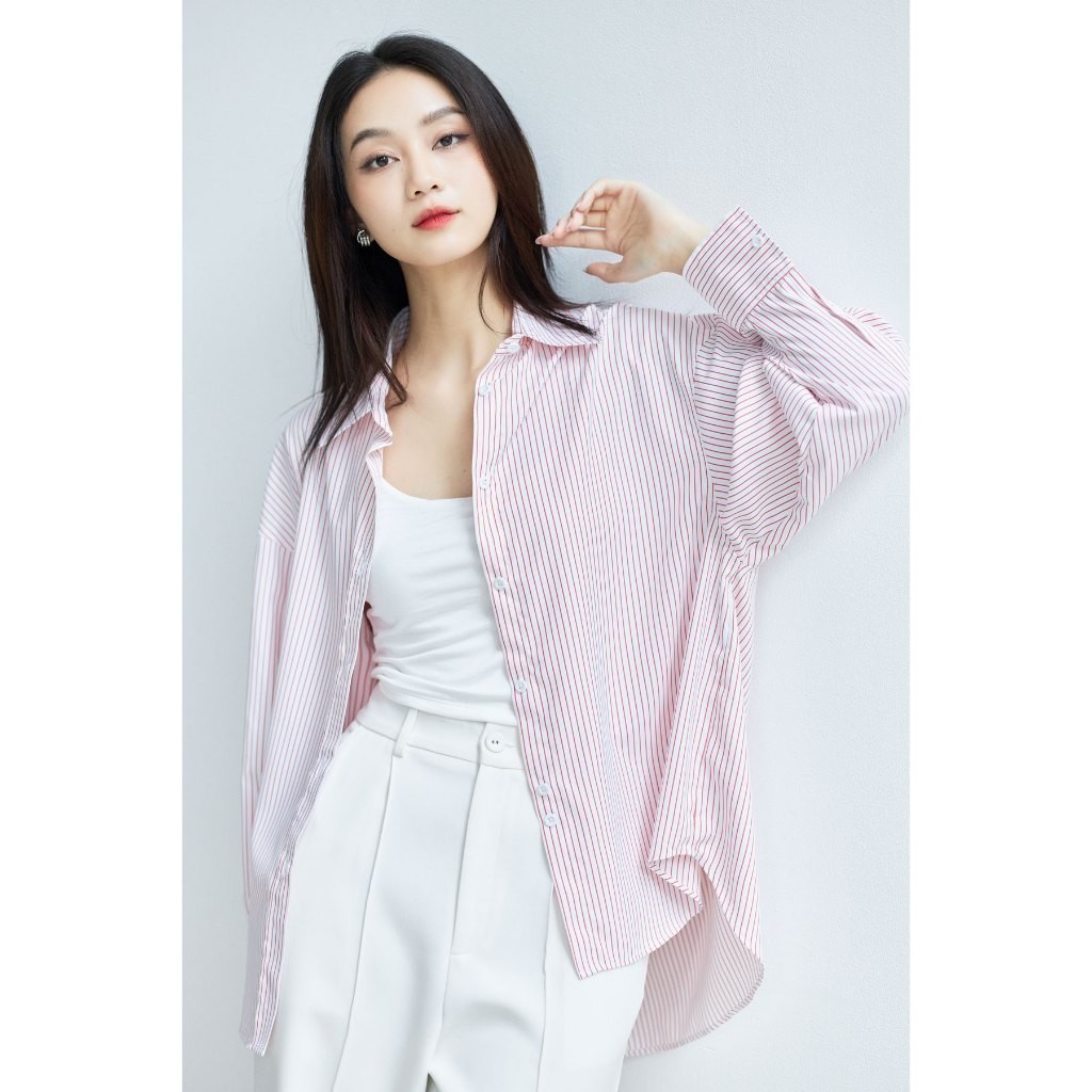 Ảnh Áo sơ mi nữ GILLEE sơ mi dáng rộng oversized, sơ mi form rộng vải kate Mỹ thanh lịch tone đỏ thanh lịch, may mắn 4