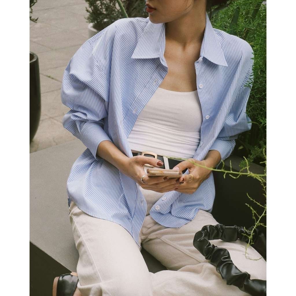 Ảnh Áo sơ mi nữ tay dài GILLEE sơ mi kẻ sọc oversized nhiều màu, sơ mi form rộng cao cấp chống nhăn FAS292 2