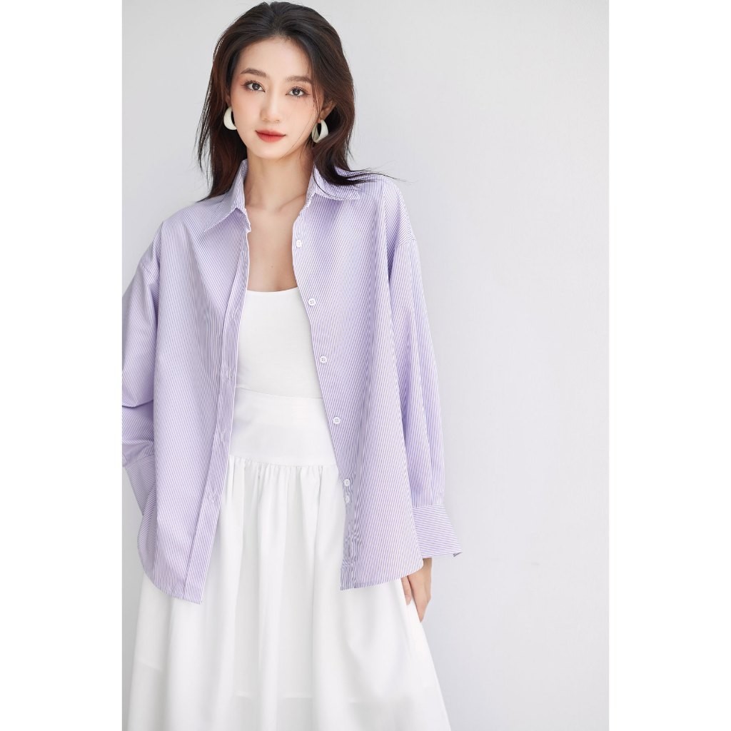 Ảnh Áo sơ mi kẻ sọc nữ GILLEE dáng oversized, sơ mi form rộng vải kate Mỹ chống nhăn, thấm hút tốt FAS298 2