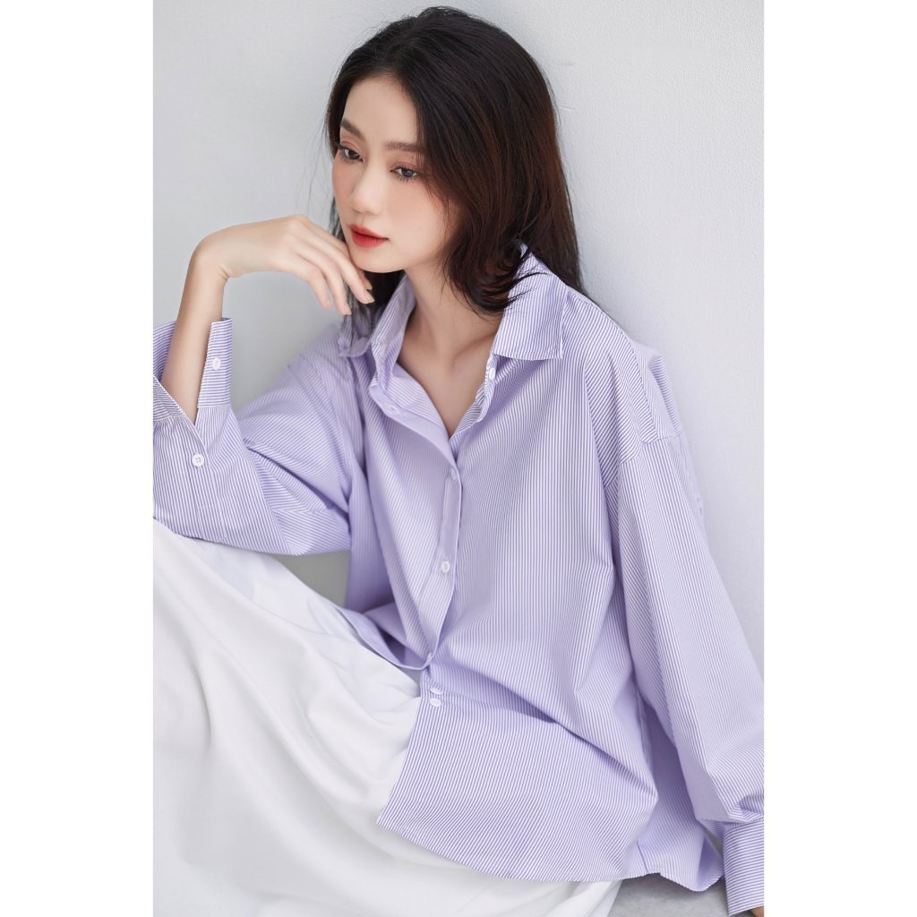Ảnh Áo sơ mi kẻ sọc nữ GILLEE dáng oversized, sơ mi form rộng vải kate Mỹ chống nhăn, thấm hút tốt FAS298 4