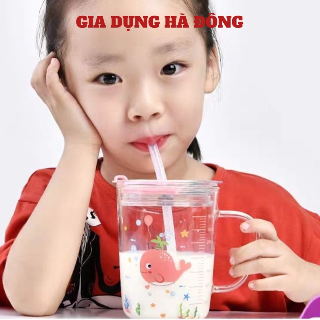 Cốc pha sữa thuỷ tinh chia vạch có nắp và ống hút, Ly thủy tinh chia vạch ml kèm ống hút và nắp chống tràn Cao Cấp