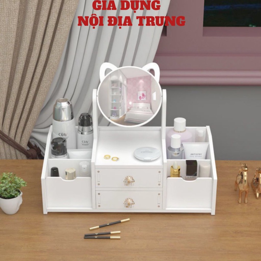 Tủ Để Đồ Trang Điểm Mini🍀FREESHIP🍀 kệ đựng mỹ phẩm mini có gương tai mèo,Hộp Mỹ Phẩm Thiết Kế Sang Chảnh